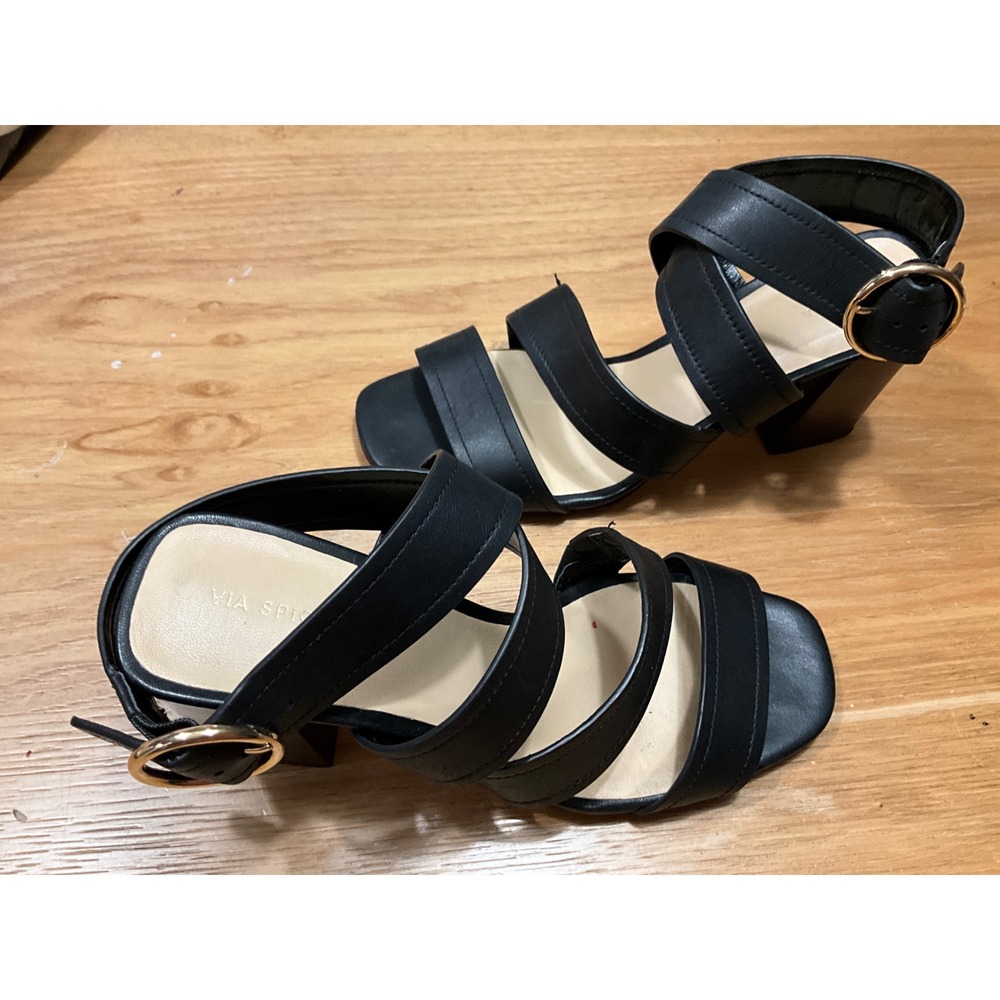 Via Spiga Black Leather Strappy Block Heel Sandals Gold Buckle Women 7.5M